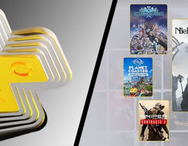 PlayStation Plus logo with icons for games offered, including Nier Replicant, 13 Sentinels: Aegis Rim, and Planet Coaster.