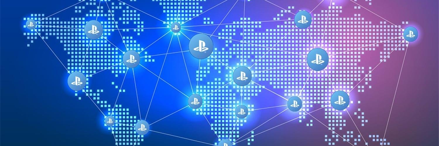 Blue and purple world map overlaid with the PlayStation logo and interconnecting lines, symbolizing the regions where PlayStation Network is available.